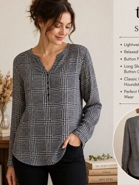 TAG XL Black White Houndstooth Plaid Long Sleeve Blouse Dark Academia